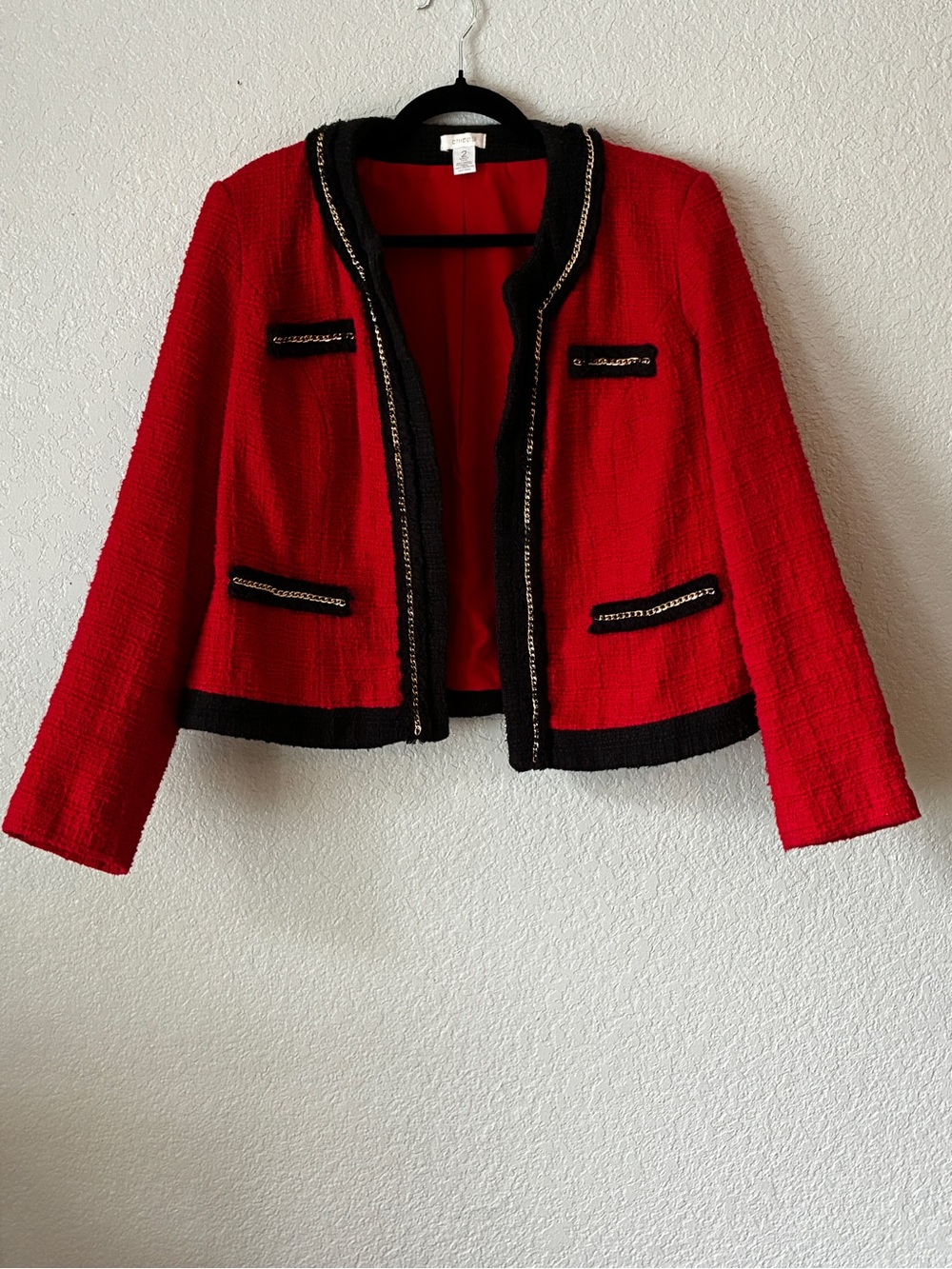 Chico's Red Bouclé Jacket with Black Trim & Chain Detail